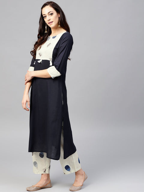 Navy Blue Front yoke kurta set with Printed Palazzo