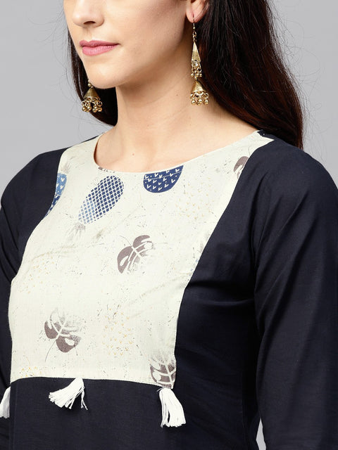 Navy Blue Front yoke kurta set with Printed Palazzo