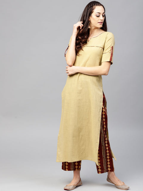 Beige half sleeve cotton kurta with ankle length Printed Palazzo