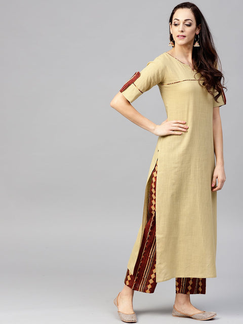 Beige half sleeve cotton kurta with ankle length Printed Palazzo