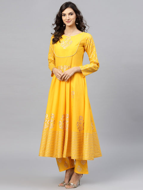 Yellow self design printed 3/4th sleeve cotton anarkali kurta with ankle length printed Palazzo