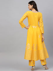 Yellow self design printed 3/4th sleeve cotton anarkali kurta with ankle length printed Palazzo