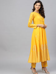 Yellow self design printed 3/4th sleeve cotton anarkali kurta with ankle length printed Palazzo