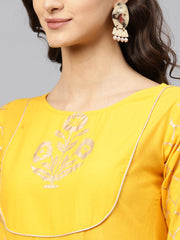 Yellow self design printed 3/4th sleeve cotton anarkali kurta with ankle length printed Palazzo
