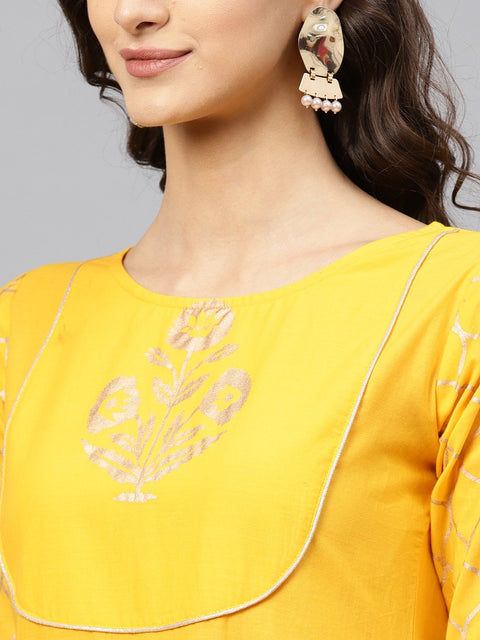 Yellow self design printed 3/4th sleeve cotton anarkali kurta with ankle length printed Palazzo