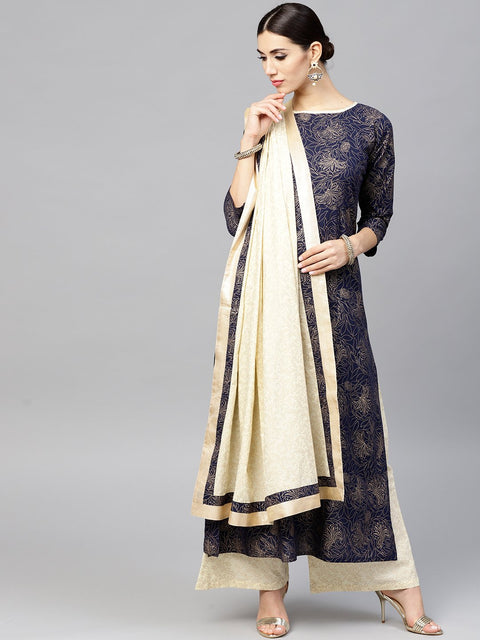 Navy Blue Kurta set with Cream Palazzo And Dupatta