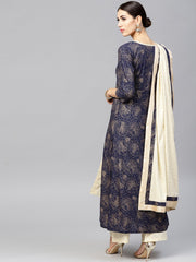 Navy Blue Kurta set with Cream Palazzo And Dupatta