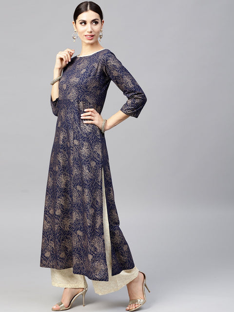 Navy Blue Kurta set with Cream Palazzo And Dupatta