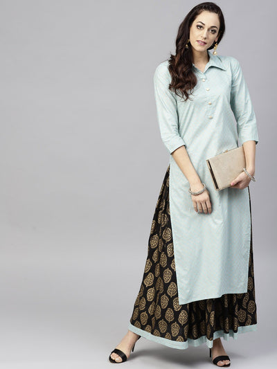 Powder Blue 3/4th sleeve cotton Kurta with Black Printed Palazzo