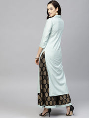 Powder Blue 3/4th sleeve cotton Kurta with Black Printed Palazzo
