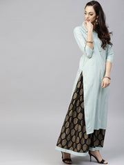 Powder Blue 3/4th sleeve cotton Kurta with Black Printed Palazzo