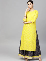 Bright Yellow printed 3/4th sleeve Kurta set with Navy Blue skirt