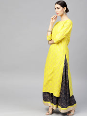 Bright Yellow printed 3/4th sleeve Kurta set with Navy Blue skirt