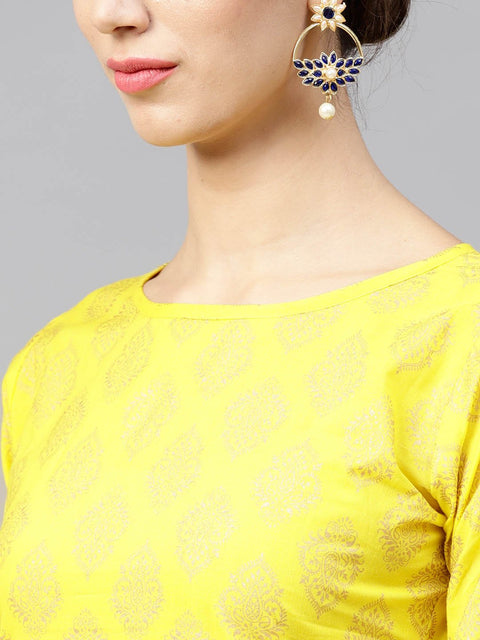 Bright Yellow printed 3/4th sleeve Kurta set with Navy Blue skirt