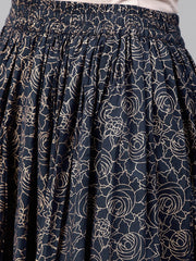 Bright Yellow printed 3/4th sleeve Kurta set with Navy Blue skirt