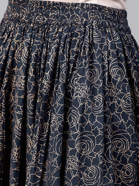 Bright Yellow printed 3/4th sleeve Kurta set with Navy Blue skirt