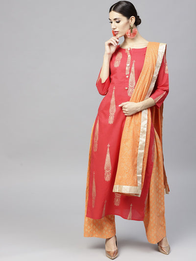 Red Printed 3/4th sleeve cotton kurta set with Peach Printed Palazzo and Dupatta