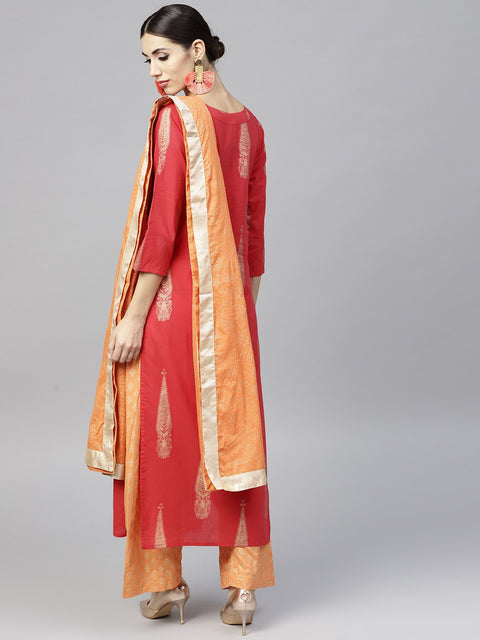 Red Printed 3/4th sleeve cotton kurta set with Peach Printed Palazzo and Dupatta