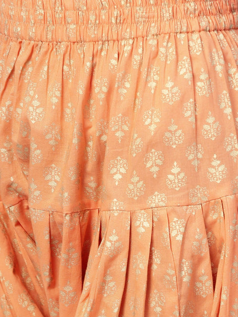 Red Printed 3/4th sleeve cotton kurta set with Peach Printed Palazzo and Dupatta