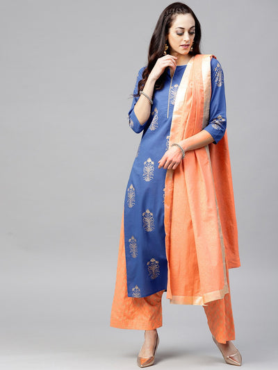 Royal Blue Printed 3/4th sleeve cotton Kurta set with Peach Palazzo and Dupatta