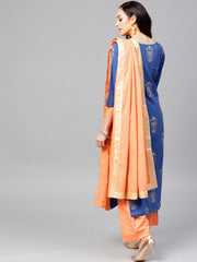 Royal Blue Printed 3/4th sleeve cotton Kurta set with Peach Palazzo and Dupatta