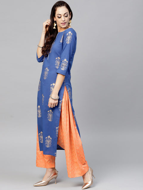 Royal Blue Printed 3/4th sleeve cotton Kurta set with Peach Palazzo and Dupatta