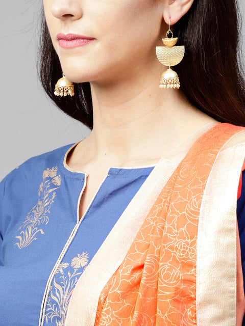 Royal Blue Printed 3/4th sleeve cotton Kurta set with Peach Palazzo and Dupatta