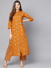 Mustard printed 3/4th sleeve cotton Kurta Set with Straight Palazzo