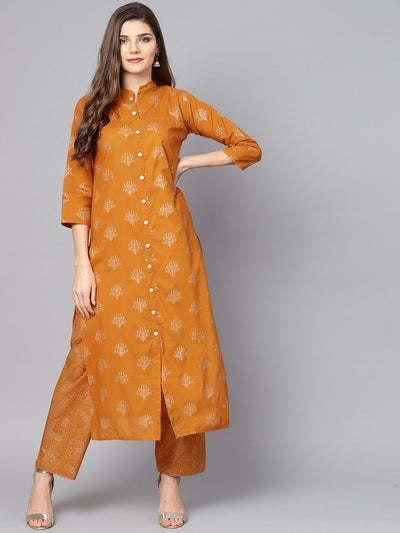 Mustard printed 3/4th sleeve cotton Kurta Set with Straight Palazzo