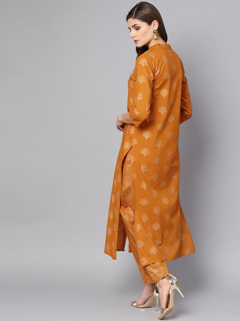 Mustard printed 3/4th sleeve cotton Kurta Set with Straight Palazzo
