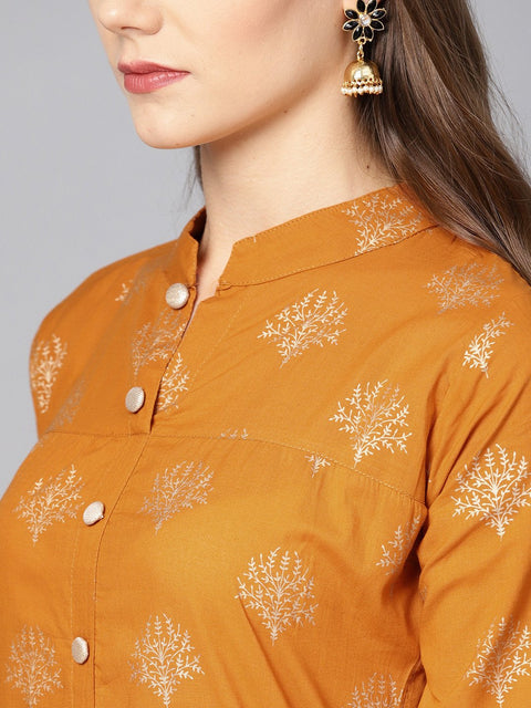 Mustard printed 3/4th sleeve cotton Kurta Set with Straight Palazzo