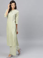 Pastel Green 3/4th sleeve cotton kurta with gotta patti work at yoke and ankle length palazzo