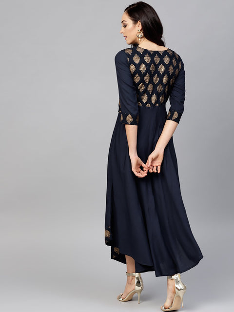 Navy Blue  3/4th sleeve Printed maxi dress with round neck