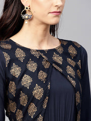 Navy Blue  3/4th sleeve Printed maxi dress with round neck