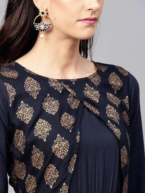 Navy Blue  3/4th sleeve Printed maxi dress with round neck