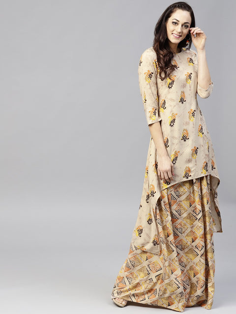 Beige printed 3/4th sleeve cotton high-low kurta with ankle length skirt