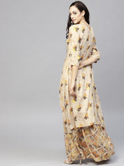 Beige printed 3/4th sleeve cotton high-low kurta with ankle length skirt