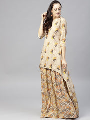 Beige printed 3/4th sleeve cotton high-low kurta with ankle length skirt