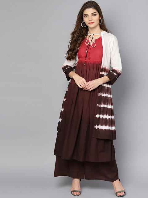 Multi color omree dyed 3/4th sleeve cotton kurta with ankle length skirt & white jacket