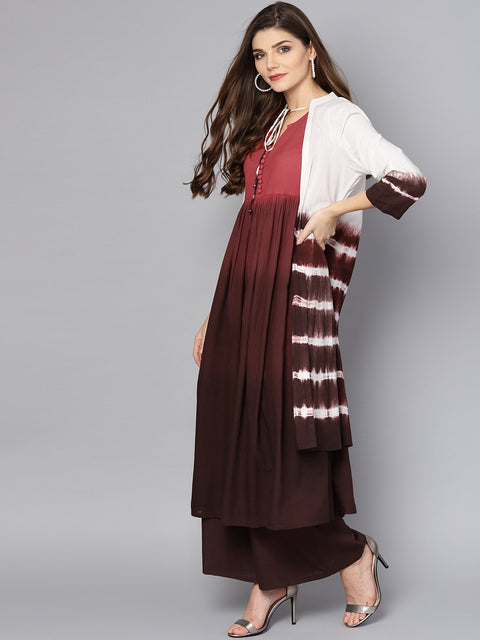 Multi color omree dyed 3/4th sleeve cotton kurta with ankle length skirt & white jacket