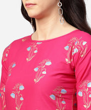 Pink printed 3/4th sleeve cotton kurta with printed skirt