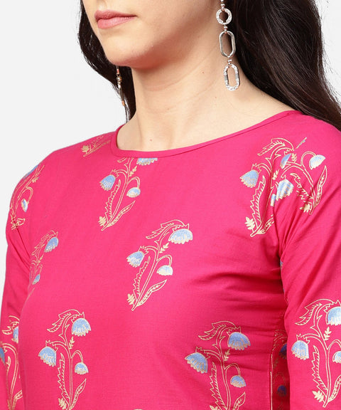 Pink printed 3/4th sleeve cotton kurta with printed skirt