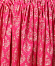 Pink printed 3/4th sleeve cotton kurta with printed skirt