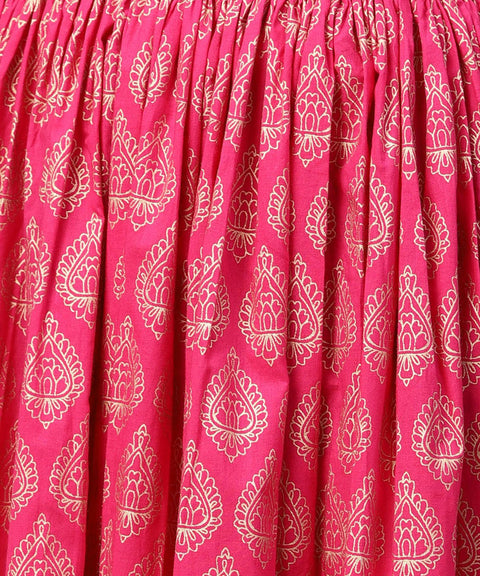 Pink printed 3/4th sleeve cotton kurta with printed skirt