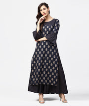 Navy blue 3/4th sleeve cotton kurta with black printed flared skirt