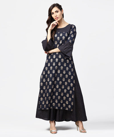 Navy blue 3/4th sleeve cotton kurta with black printed flared skirt