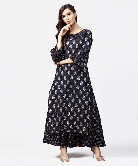Navy blue 3/4th sleeve cotton kurta with black printed flared skirt