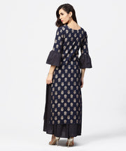 Navy blue 3/4th sleeve cotton kurta with black printed flared skirt