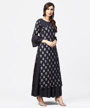 Navy blue 3/4th sleeve cotton kurta with black printed flared skirt
