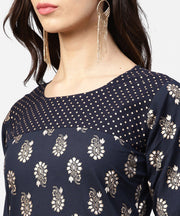 Navy blue 3/4th sleeve cotton kurta with black printed flared skirt